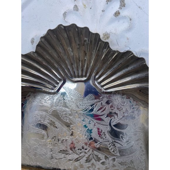 Antique Crumb Pan Tray Clam Shells Etched Bluebird flowers - Picture 12 of 16